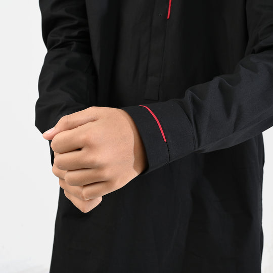 Boys Cotton Poplin Kurta Pajama (Black Studs) - Black