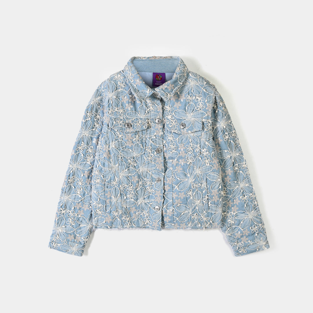 Girls Denim rigid Woven Jacket Raw Hem-BLUE