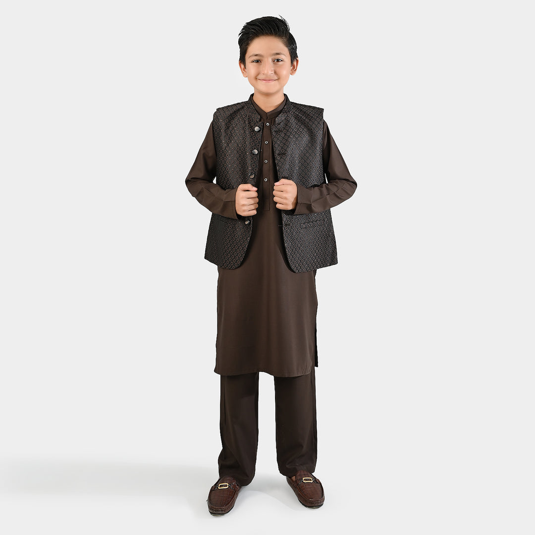 Boys Poly Viscose 3 Piece Suit - BROWN