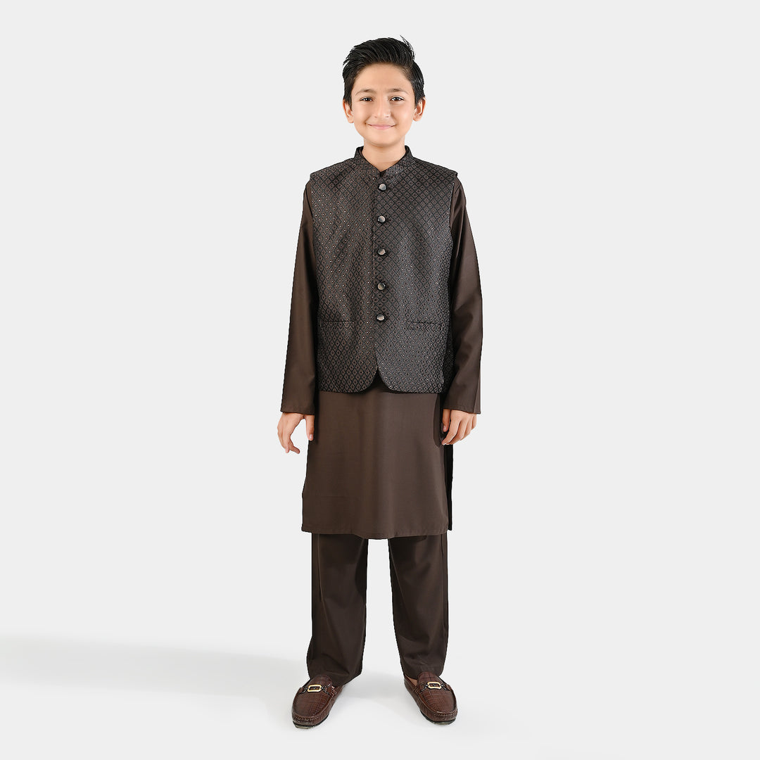 Boys Poly Viscose 3 Piece Suit - BROWN