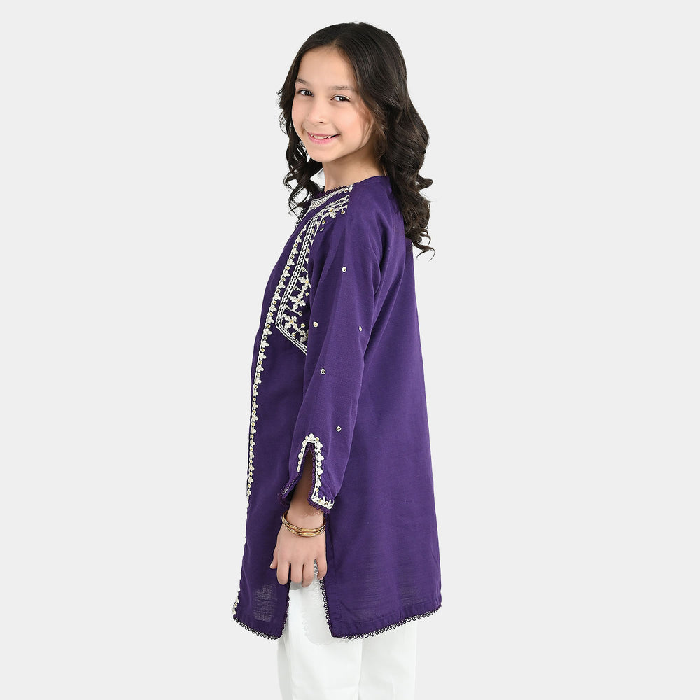 Girls Cotton Slub Embroidered Kurti (Sajal) - Purple