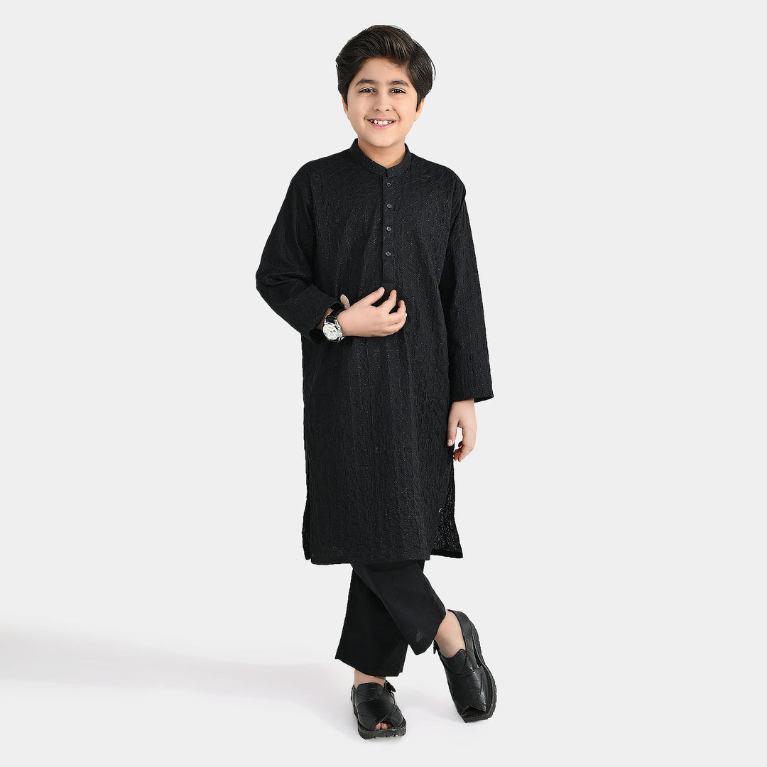 Boys Cotton Kurta Pajama (Chikankari) - Black