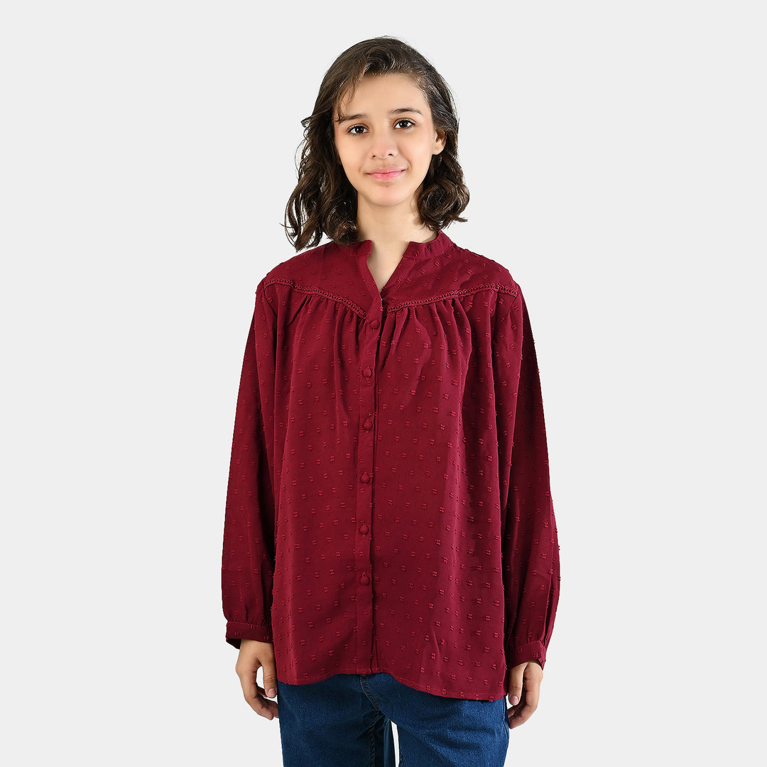 Teens Girls Poly Cotton Maroon Motif Casual Top-MAROON