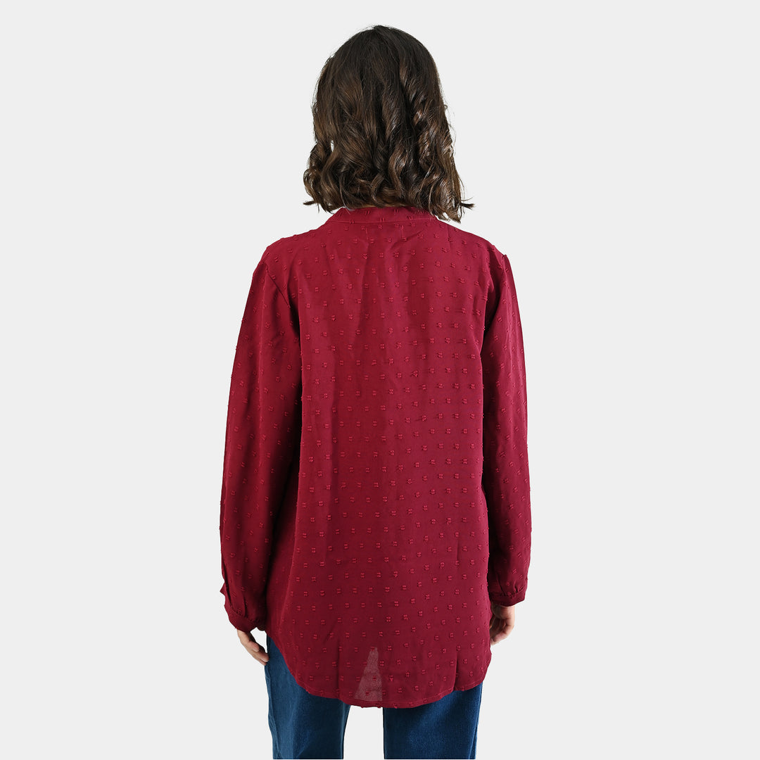 Teens Girls Poly Cotton Maroon Motif Casual Top-MAROON