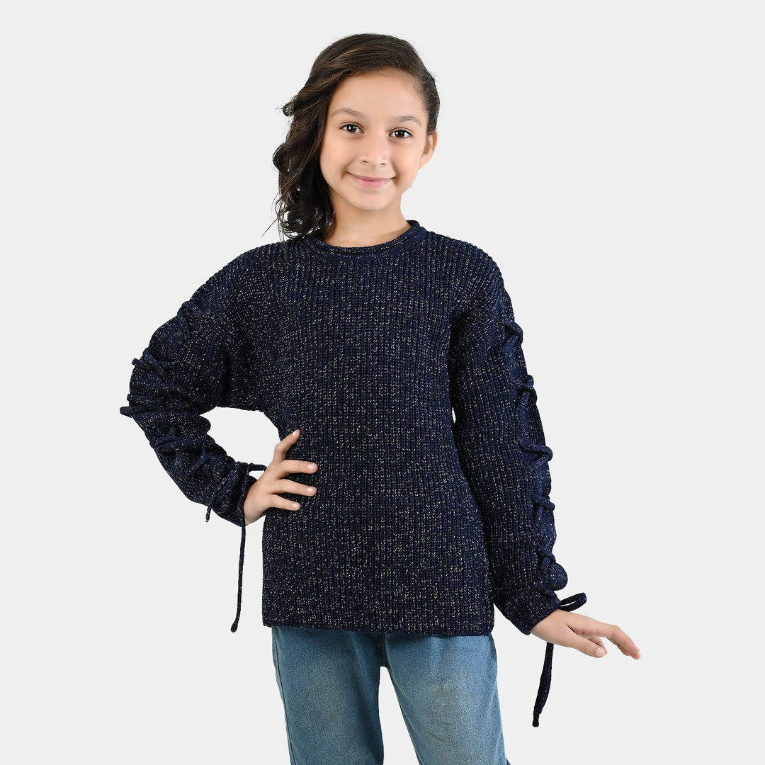 Girls Acrylic-Feather Lurex Sweater-NAVY
