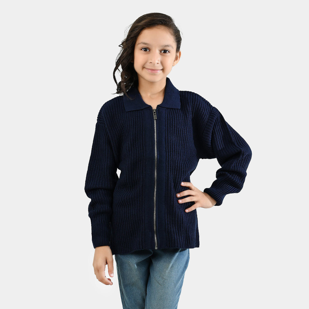Girls Acrylic Sweater-Zipper-Teal.Blue