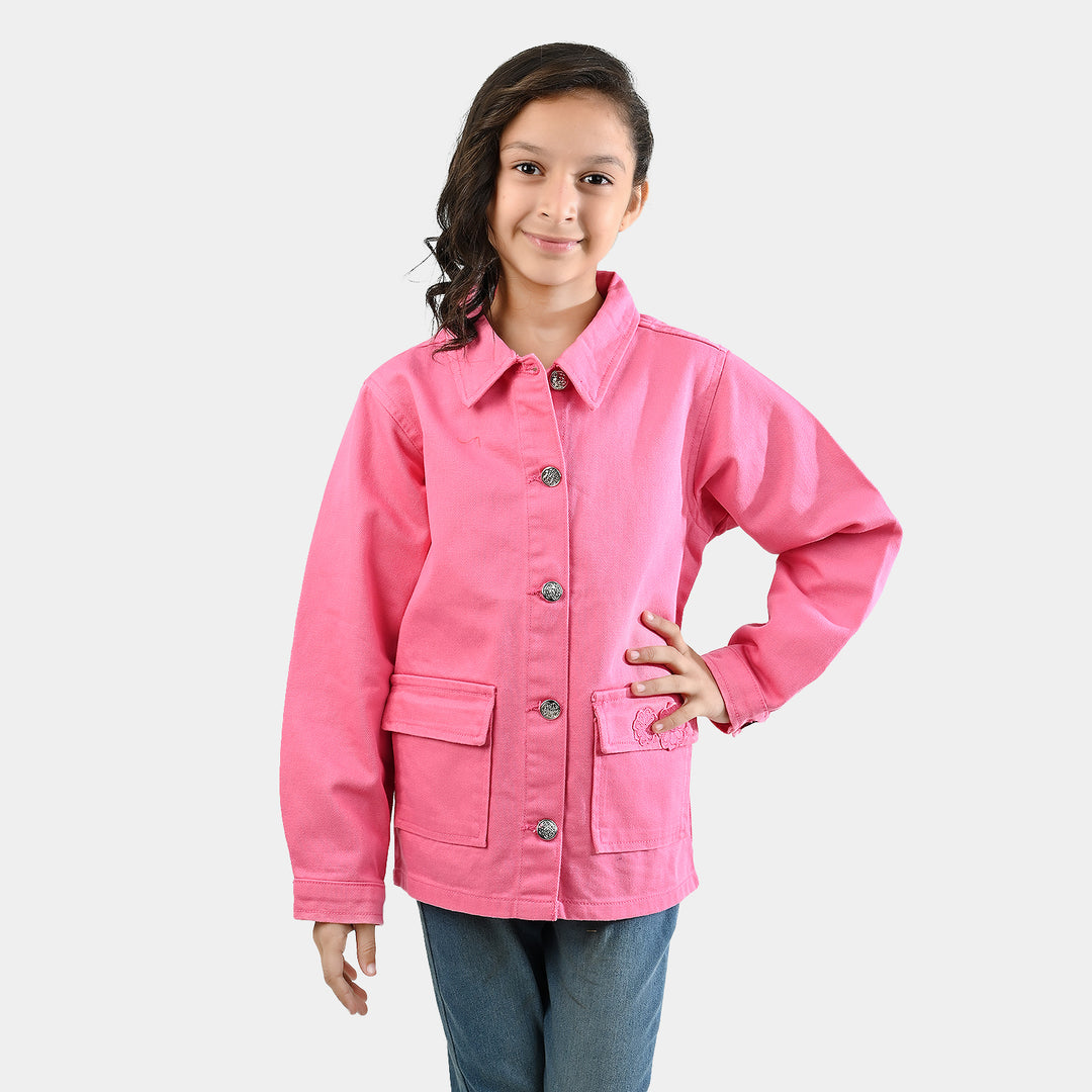 Girls Cotton Twill Woven Jacket Flowers-PINK
