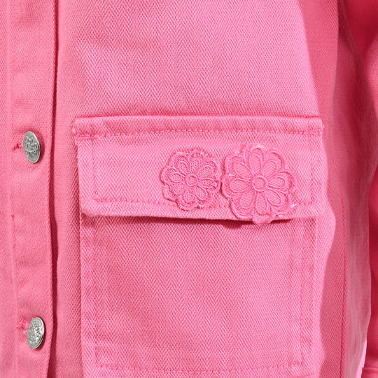 Girls Cotton Twill Woven Jacket Flowers-PINK
