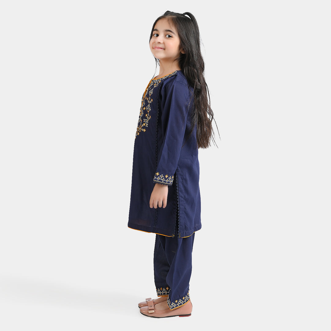 Girls poly cambric Emb 2Pcs Suit Tarz-Navy Blue