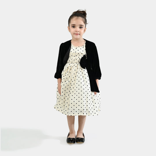 Girls Net Fancy Frock-Polka Dot - Off White
