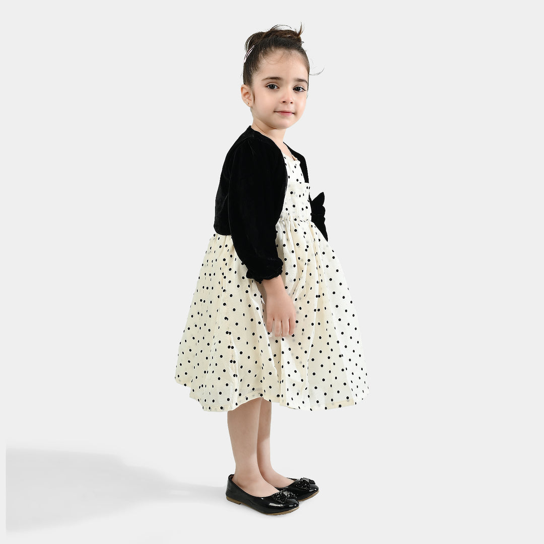 Girls Net Fancy Frock-Polka Dot - Off White