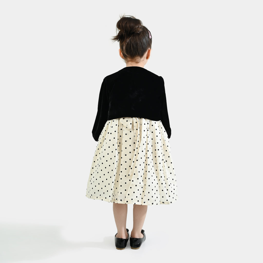 Girls Net Fancy Frock-Polka Dot - Off White