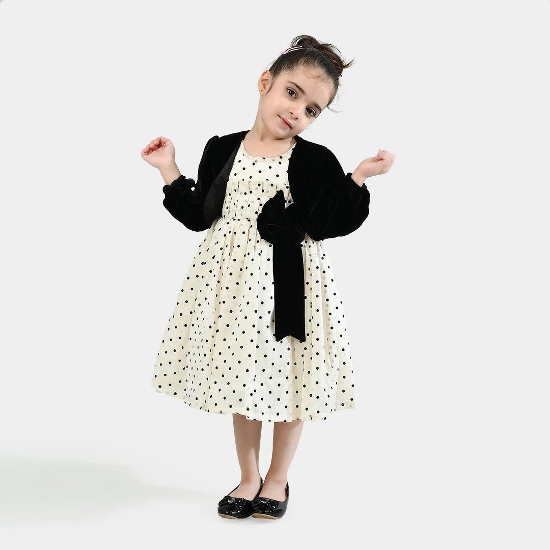 Girls Net Fancy Frock-Polka Dot - Off White