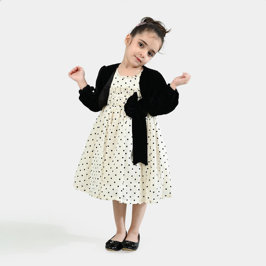 Girls Net Fancy Frock-Polka Dot - Off White