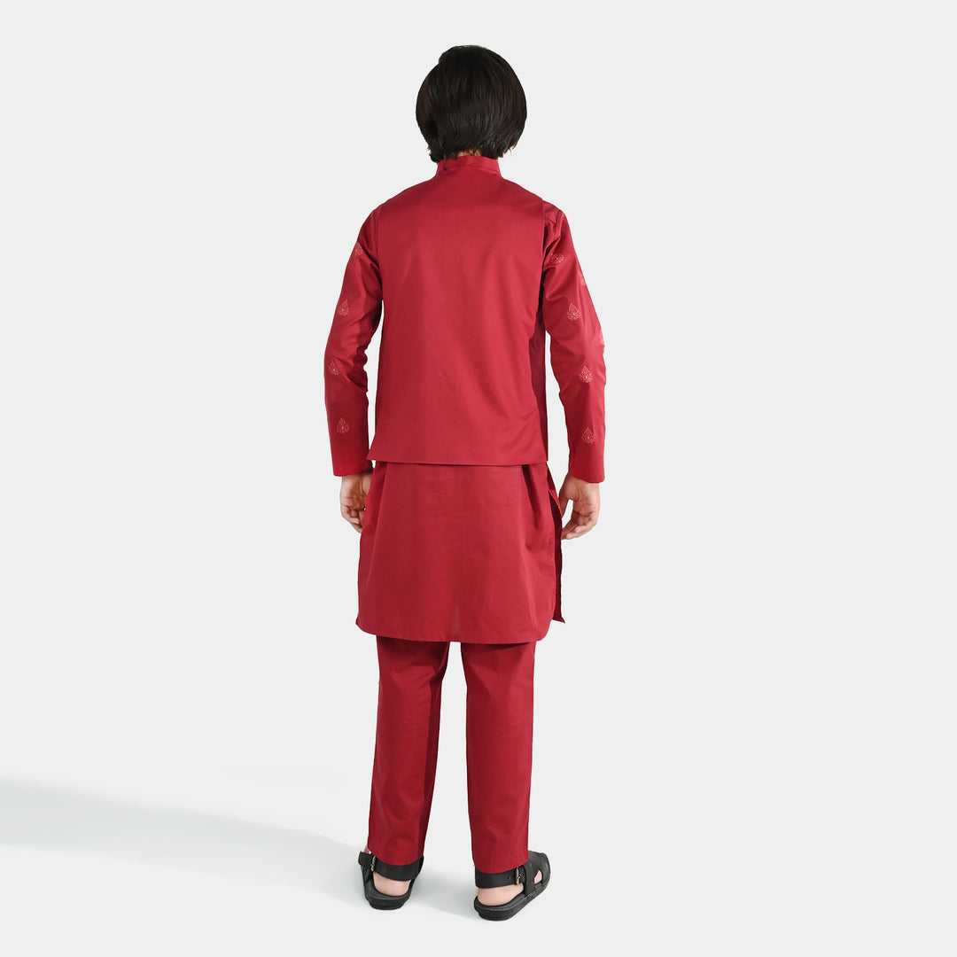 Boys Cotton Poplin Printed 3-Piece Suit (Rung Saz) - Red
