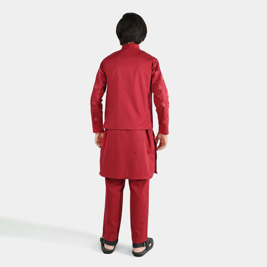 Boys Cotton Poplin Printed 3-Piece Suit (Rung Saz) - Red