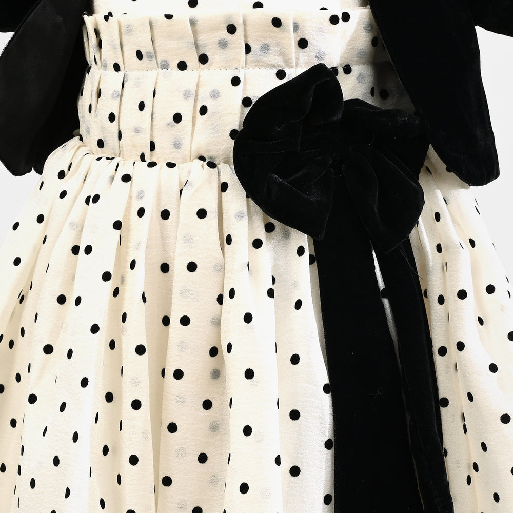 Girls Net Fancy Frock-Polka Dot - Off White