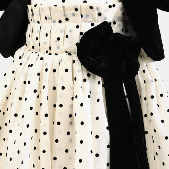 Girls Net Fancy Frock-Polka Dot - Off White