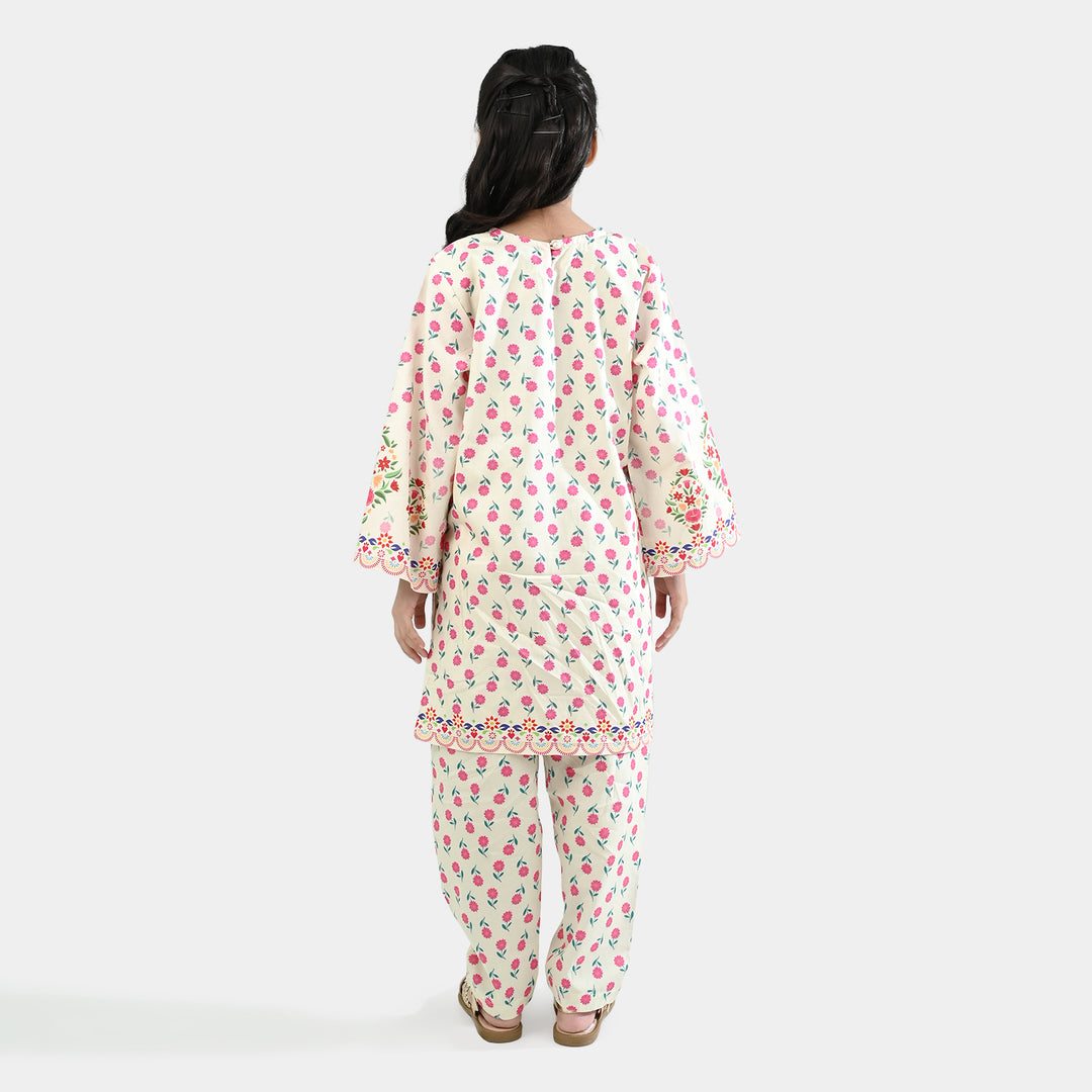 Girls Cotton Poplin Printed 2 Pcs - Off White
