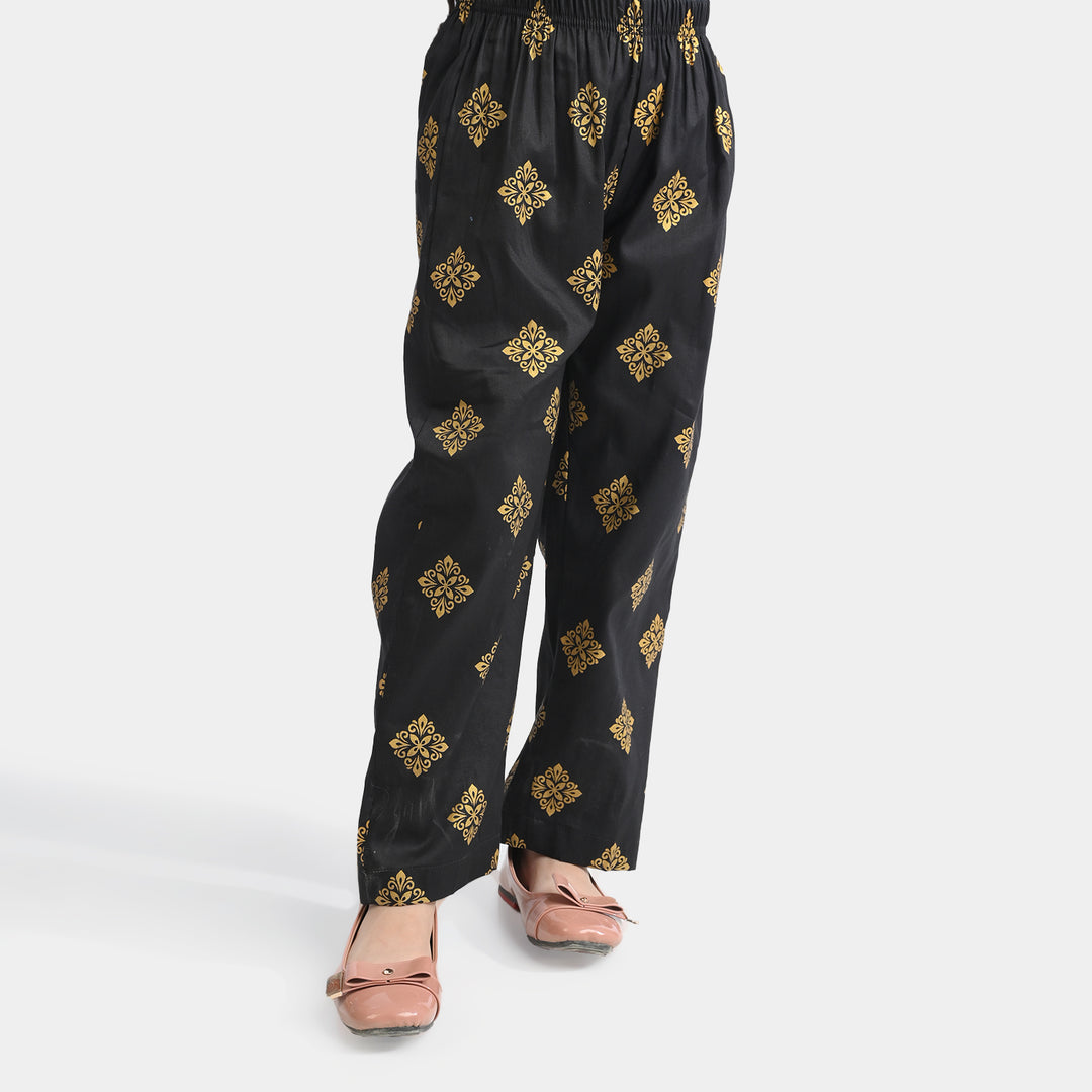 Girls Cotton Printed Pants - Black