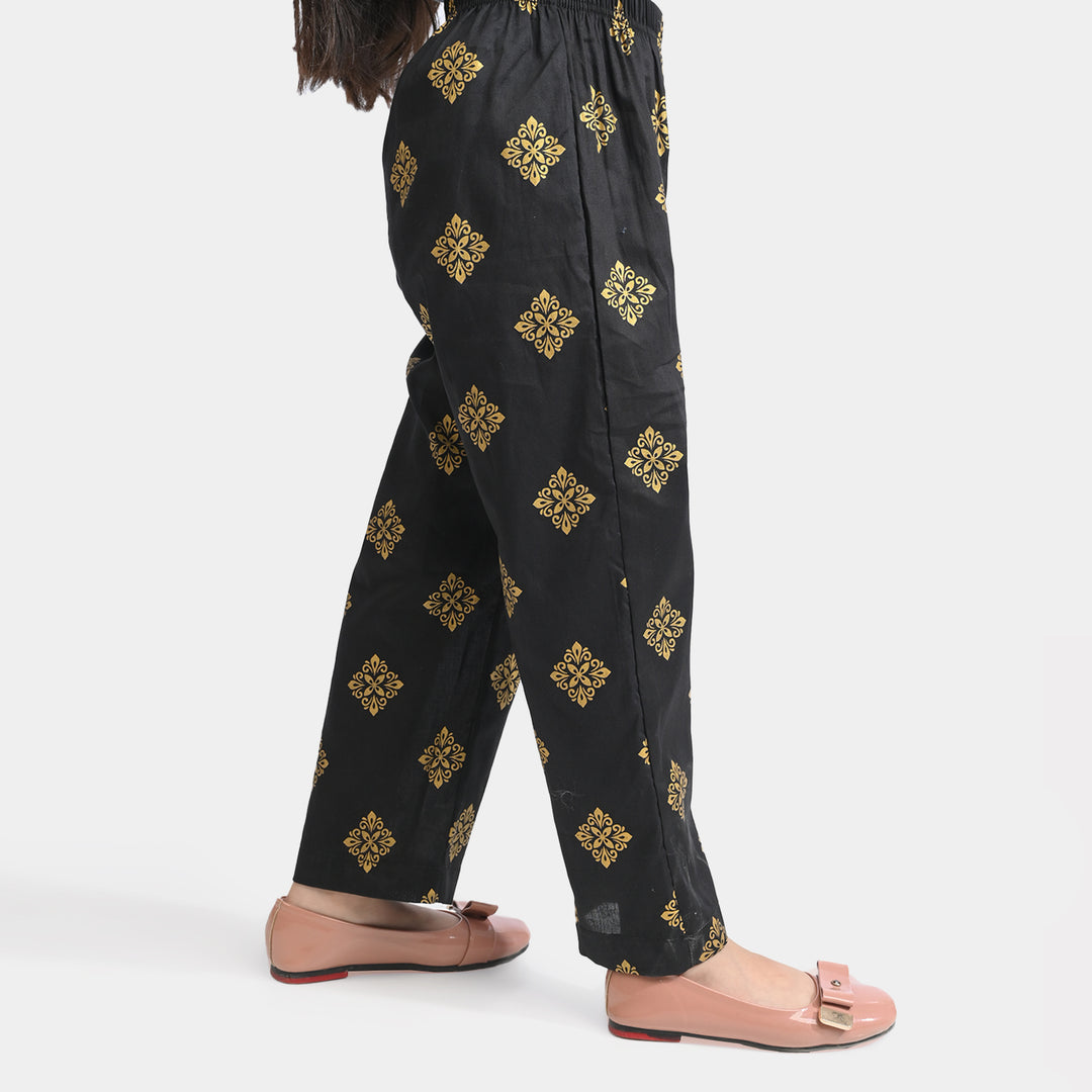 Girls Cotton Printed Pants - Black