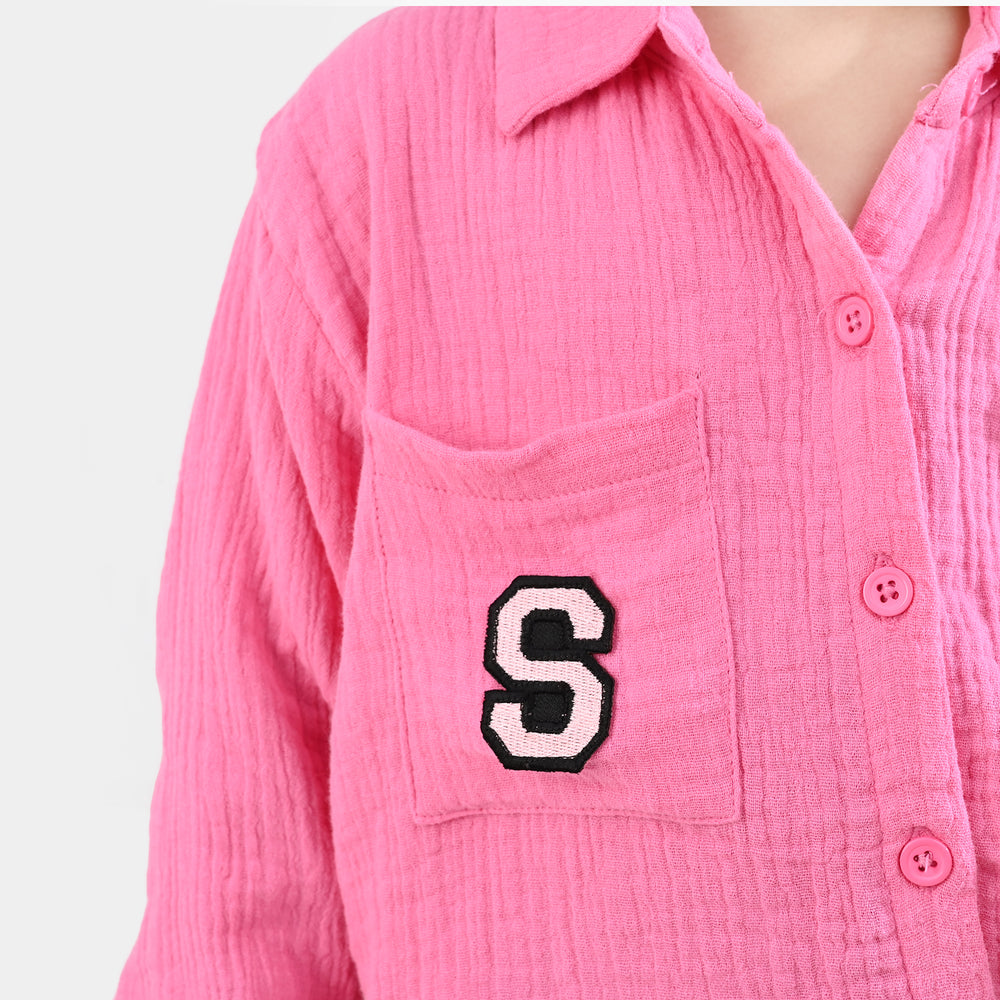 Girls Poly Crinkle Embroidered Top - Pink