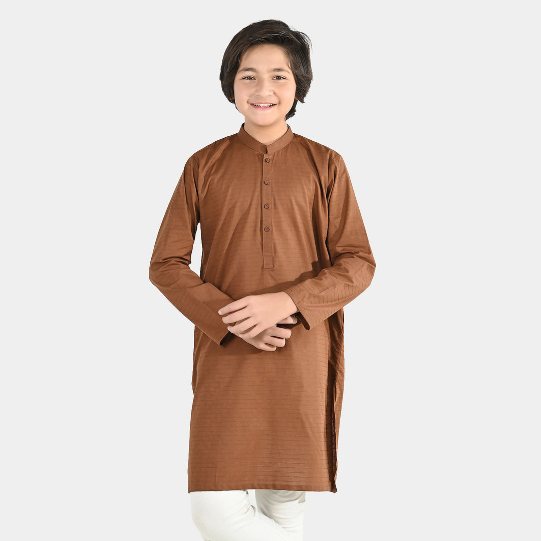 Boys Cotton Jacquard Basic Kurta - Cambridge Brown