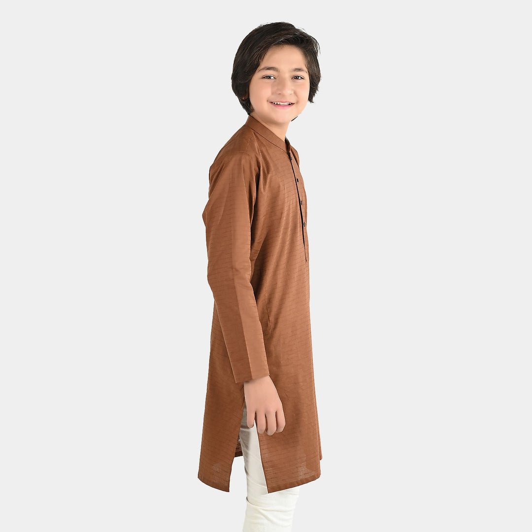 Boys Cotton Jacquard Basic Kurta - Cambridge Brown