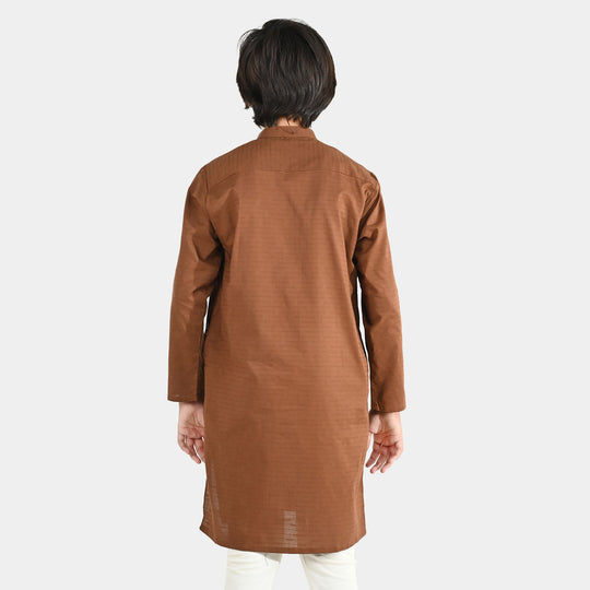 Boys Cotton Jacquard Basic Kurta - Cambridge Brown