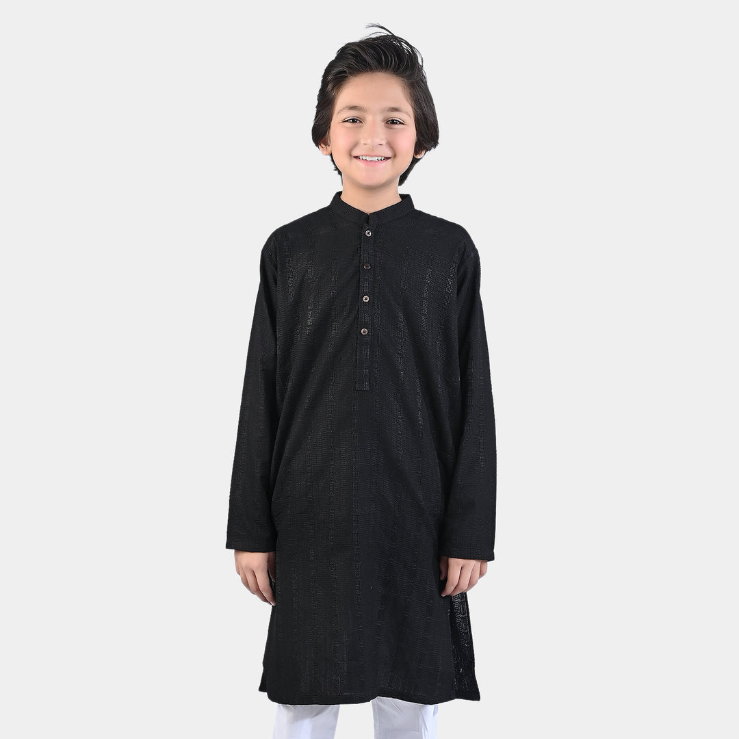 Boys Chikankari Basic Kurta (Black Chicken)-BLACK