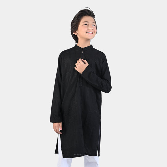 Boys Chikankari Basic Kurta (Black Chicken)-BLACK