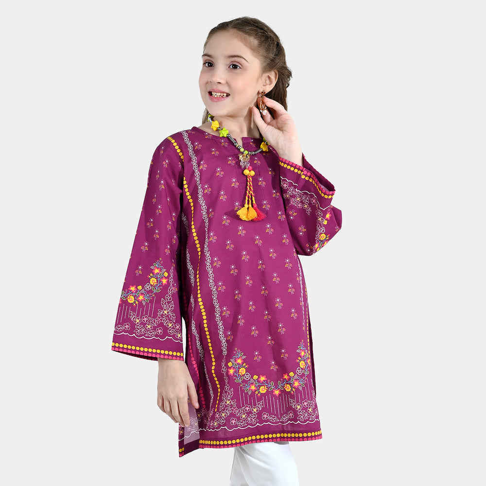Girls Cotton Poplin Printed Kurti - Purple/Plum