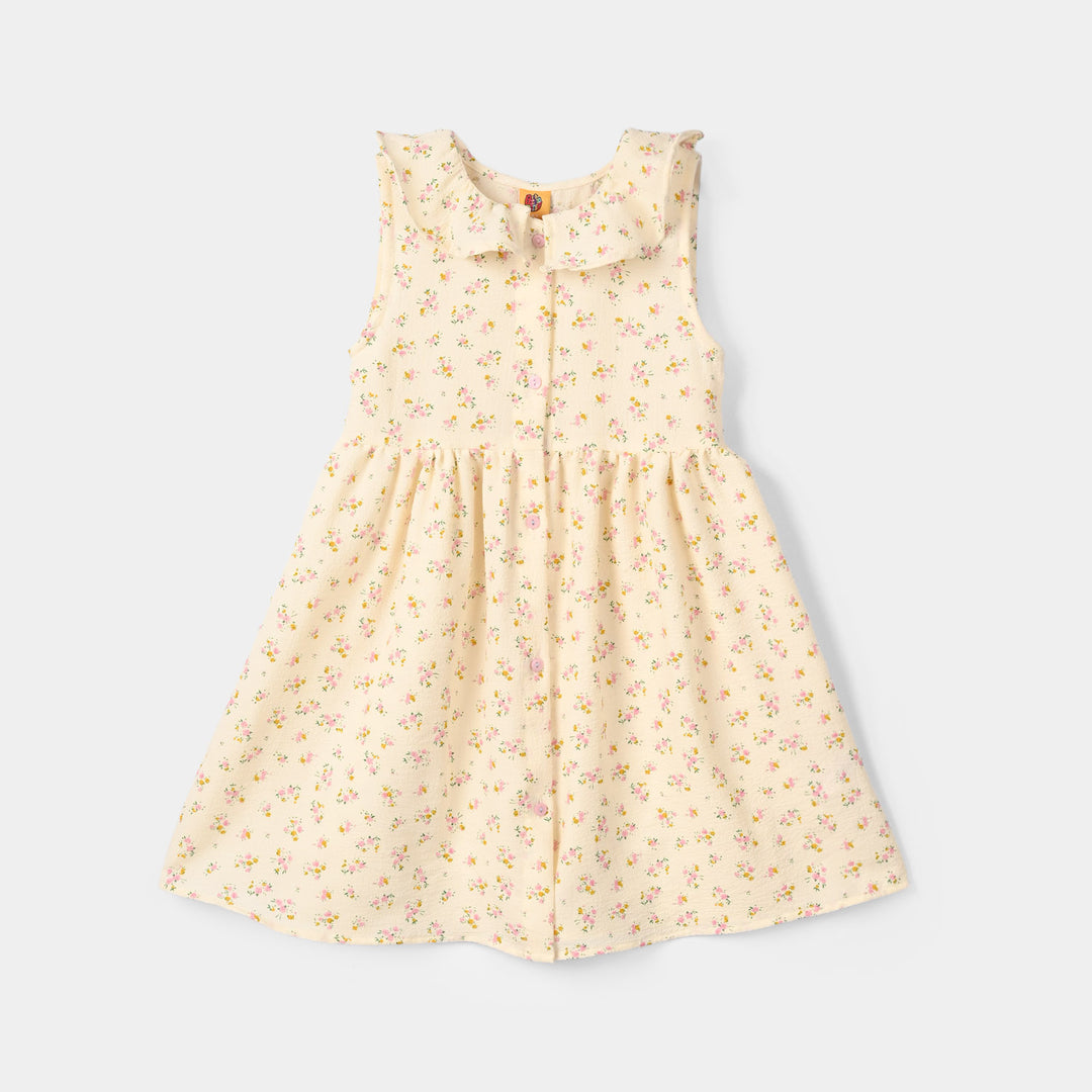 Girls Poly Crinkle Casual Frock (Crinkles) - Off White