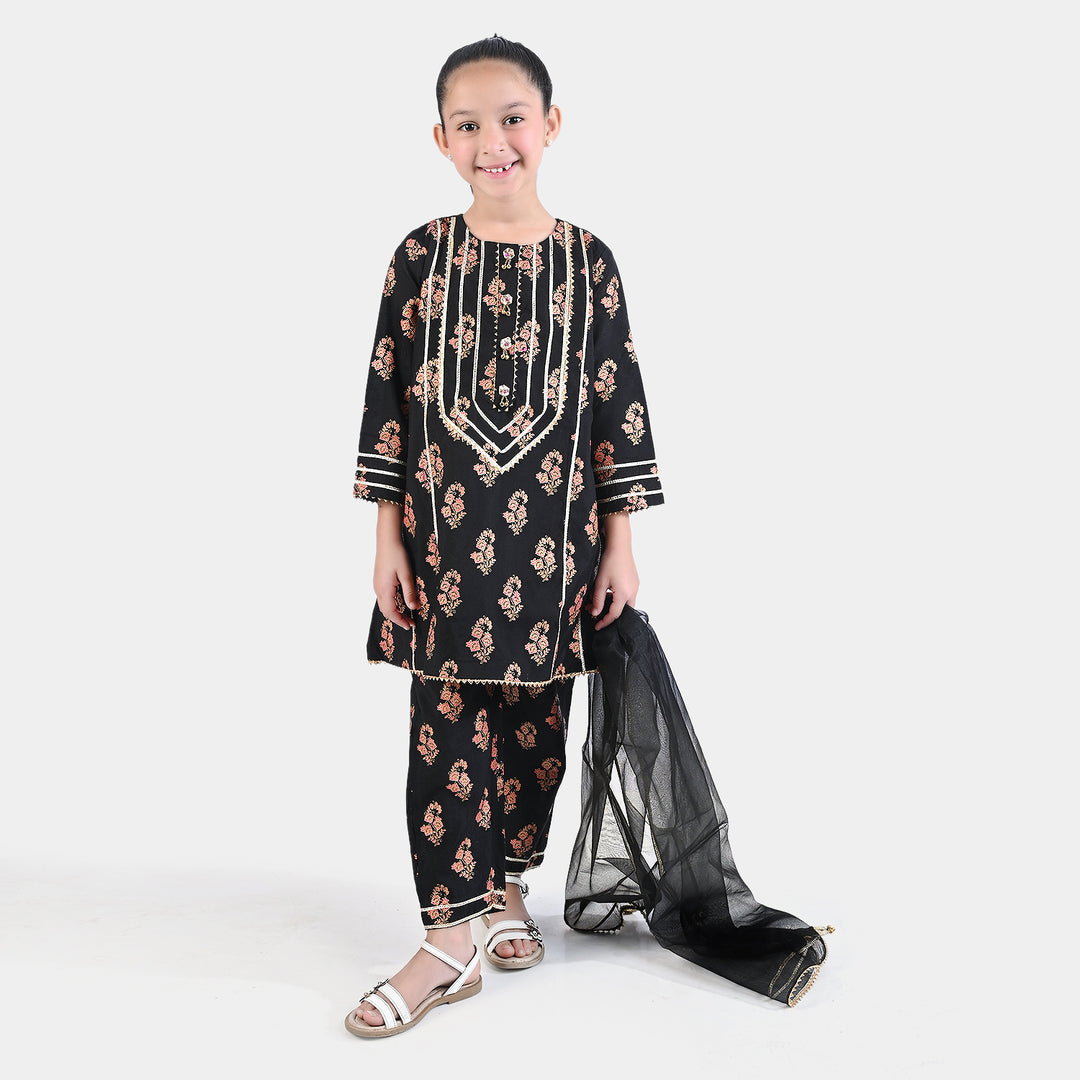 Girls Raw Silk 3PC Suit Chamak Dhamak-BLACK