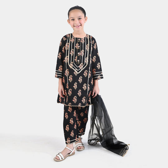 Girls Raw Silk 3PC Suit Chamak Dhamak-BLACK