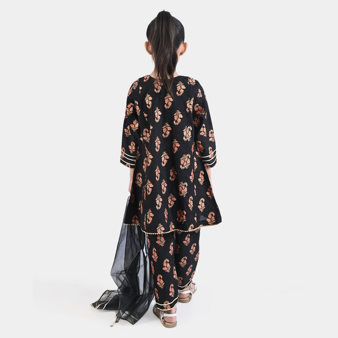 Girls Raw Silk 3PC Suit Chamak Dhamak-BLACK