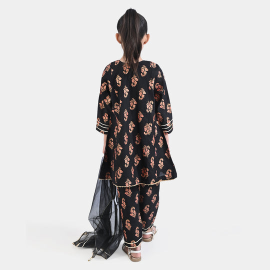 Girls Raw Silk 3PC Suit Chamak Dhamak-BLACK