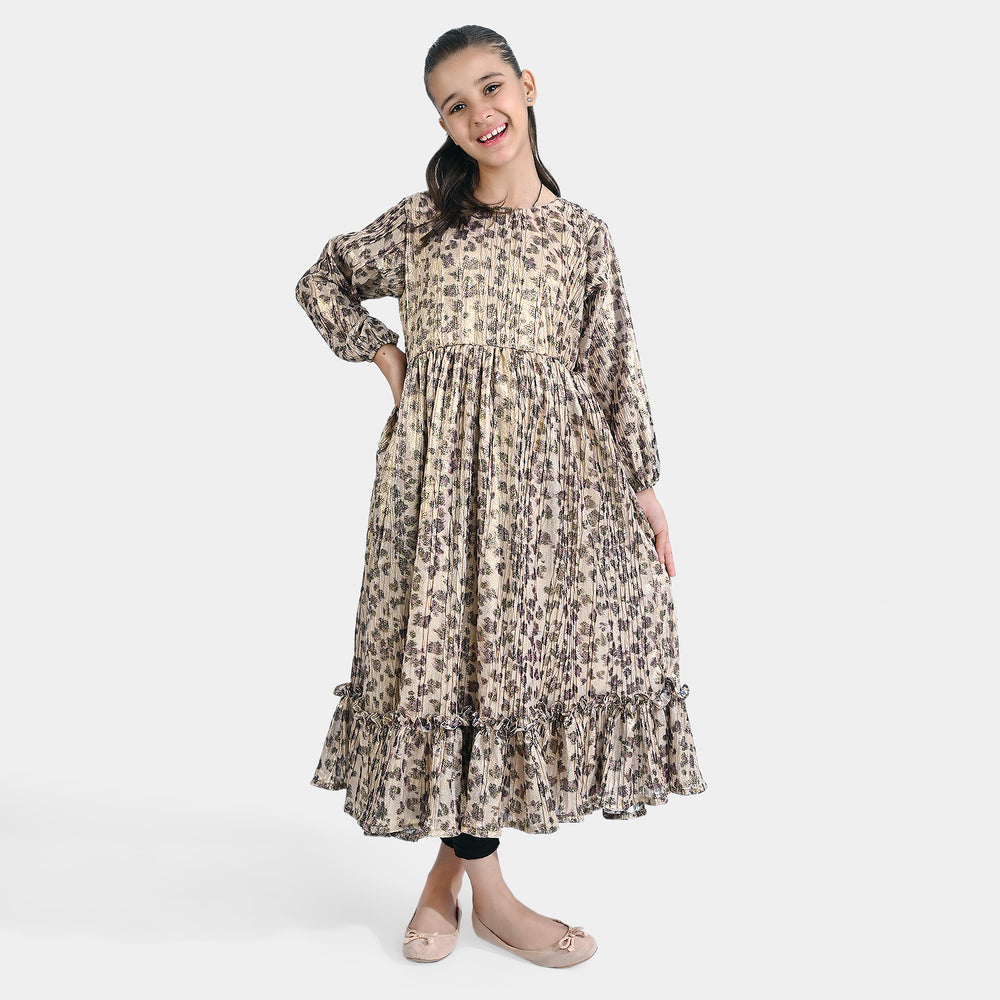 Girls Georgette Fancy Maxi Dress - Golden