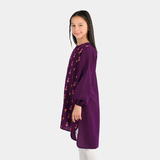 Girls Poly Cambric Embroidered Kurti – Purple