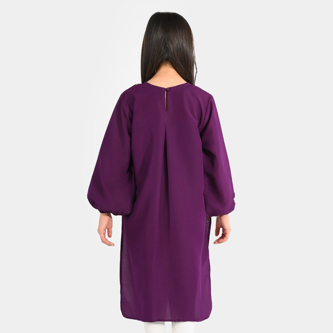 Girls Poly Cambric Embroidered Kurti – Purple