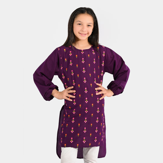 Girls Poly Cambric Embroidered Kurti – Purple