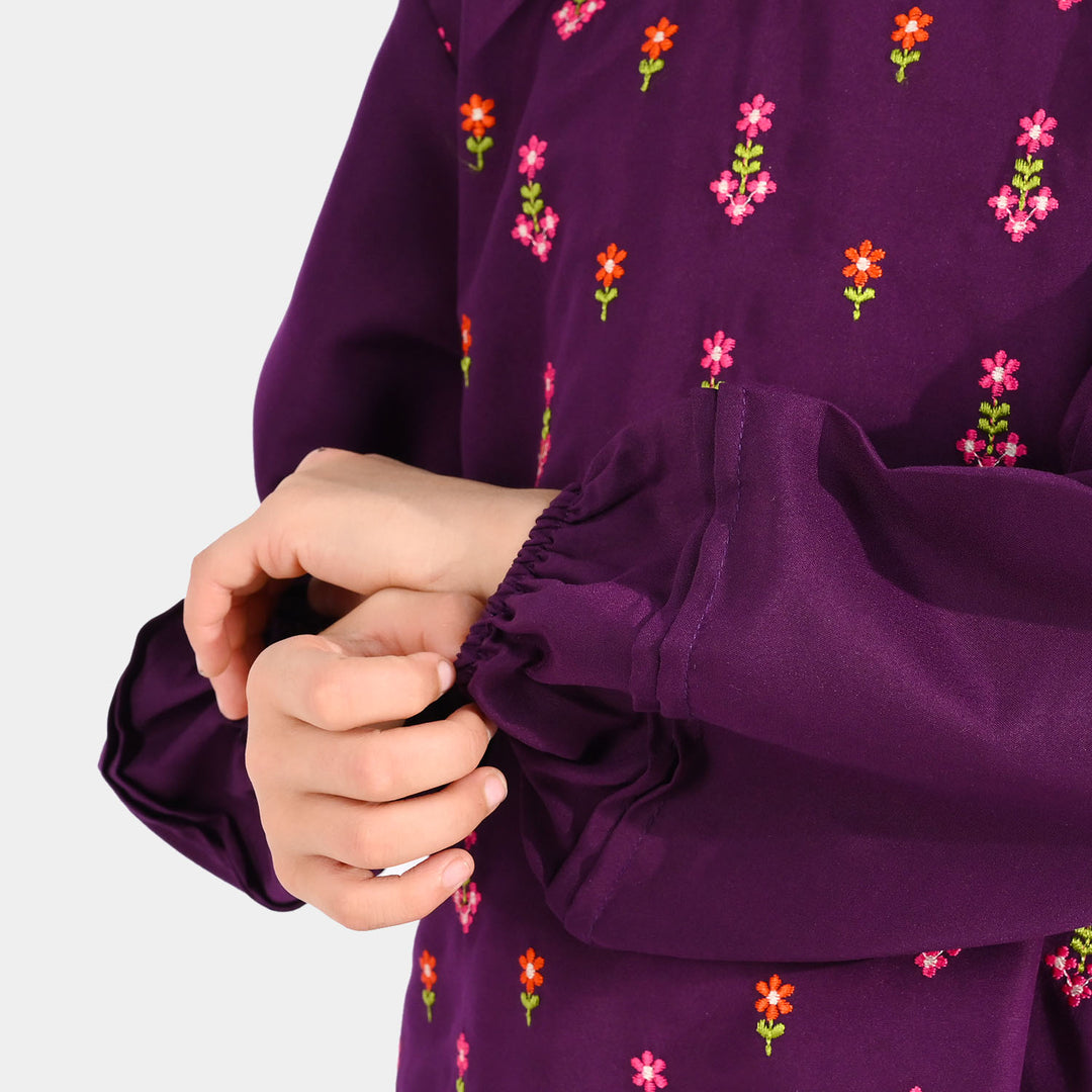 Girls Poly Cambric Embroidered Kurti – Purple