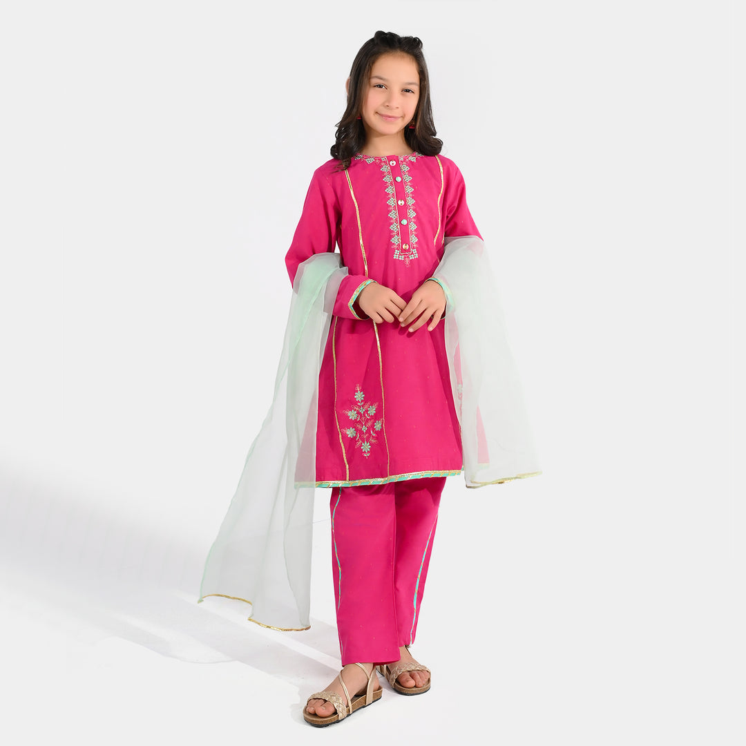 Girls Jacquard 3-Piece Suit (Dil Naz) - Shocking Pink