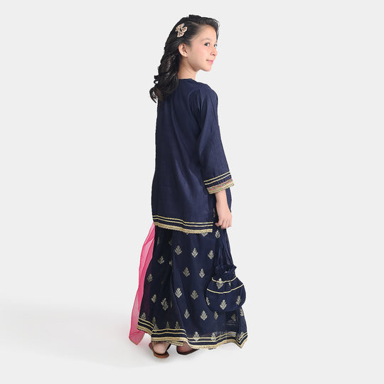 Girls Raw Silk Fancy 4 Pcs Rang -E-Jaahan-Navy Blue