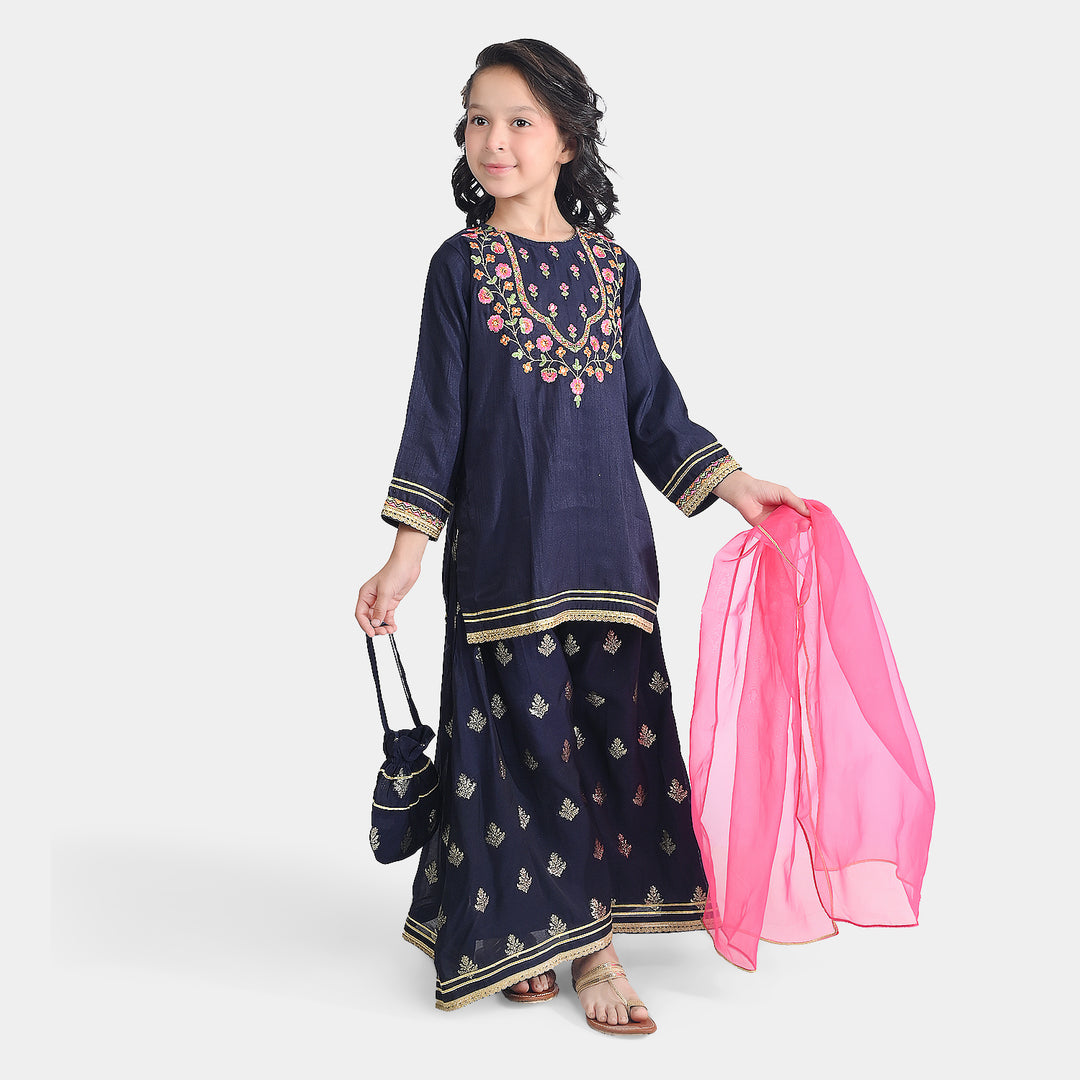 Girls Raw Silk Fancy 4 Pcs Rang -E-Jaahan-Navy Blue