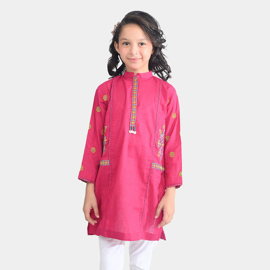 Girls Cotton Slub Emb Kurti-Bright Pink