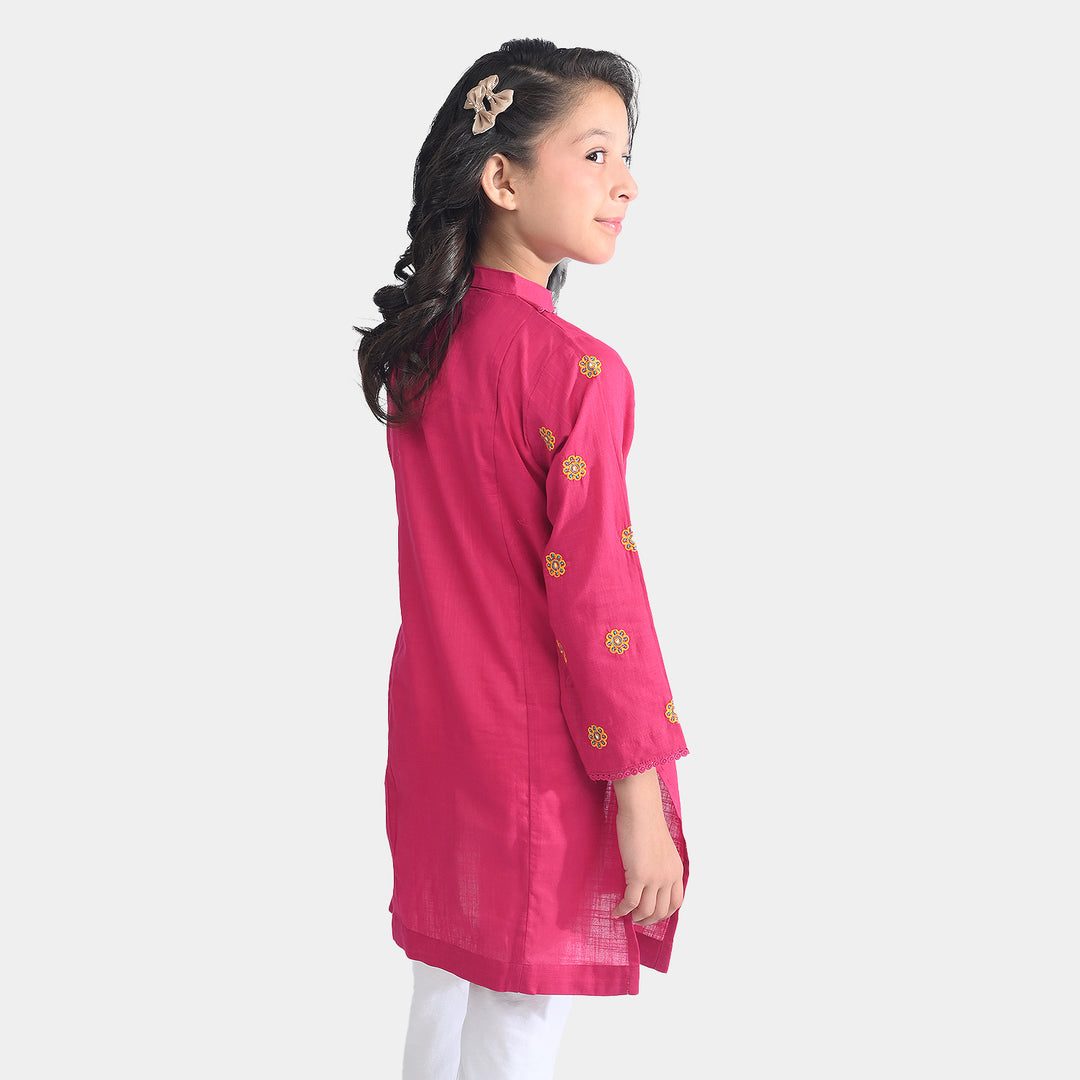 Girls Cotton Slub Emb Kurti-Bright Pink