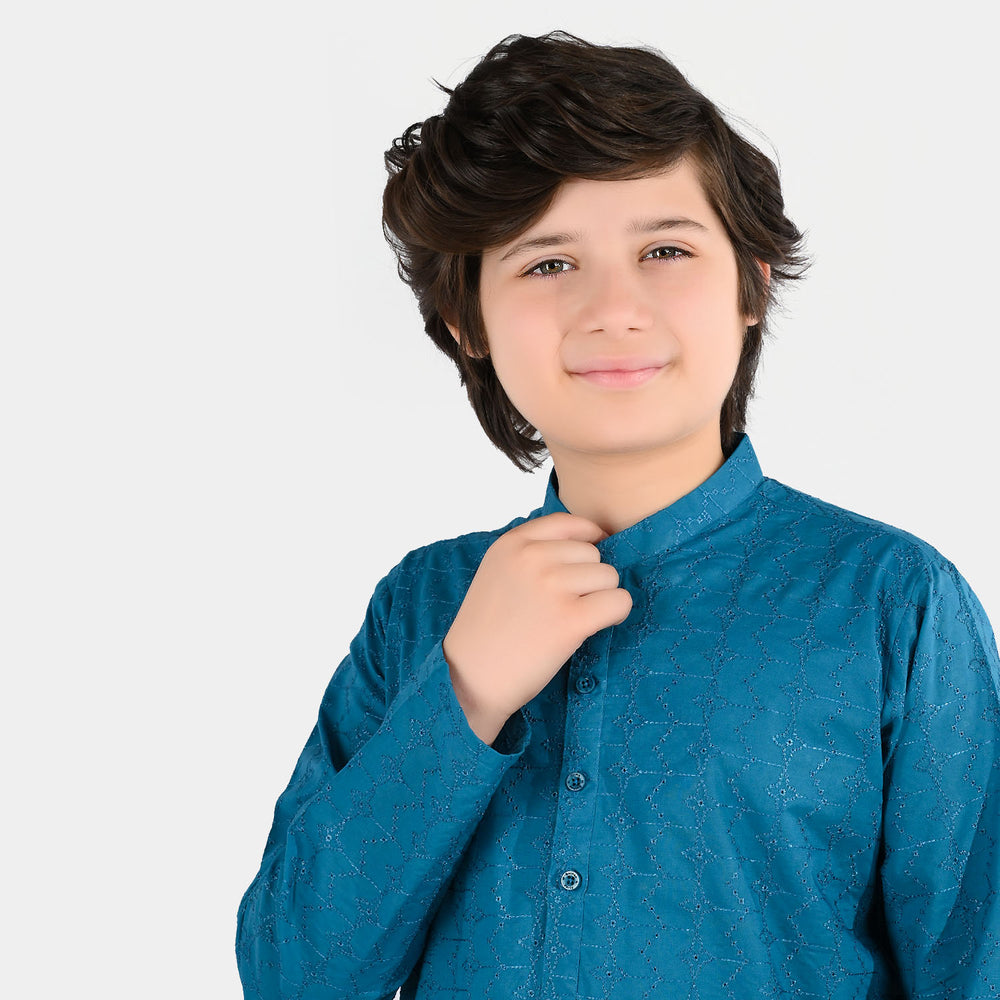 Boys Cotton Poplin Chikankari Kurta - Teal Blue