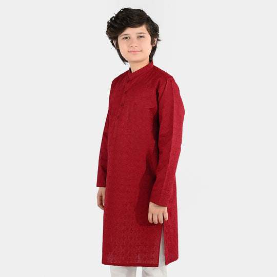 Boys Cotton Poplin Embroidered Kurta (Winery Chikankari) - Maroon