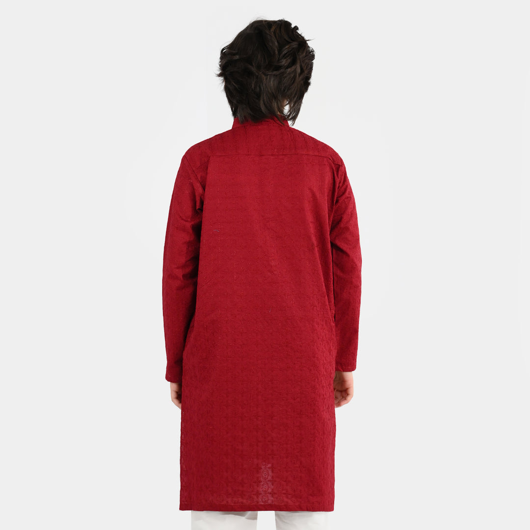 Boys Cotton Poplin Embroidered Kurta (Winery Chikankari) - Maroon